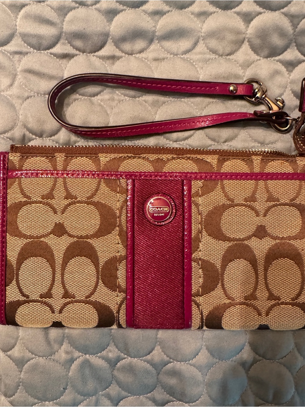 Coach Tan Signature Canvas Wristlet with Magenta Trim